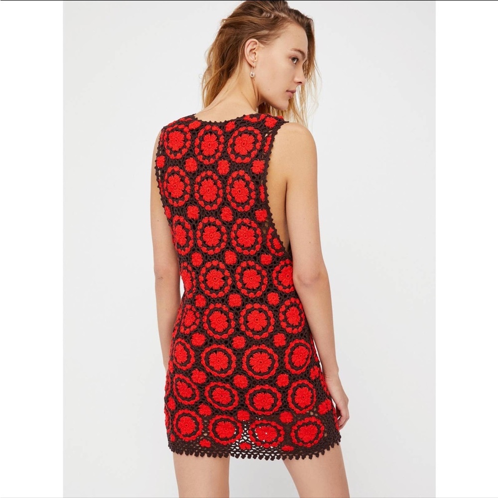 Free People Delilah Retro Crochet Shift Dress in Red Combo M